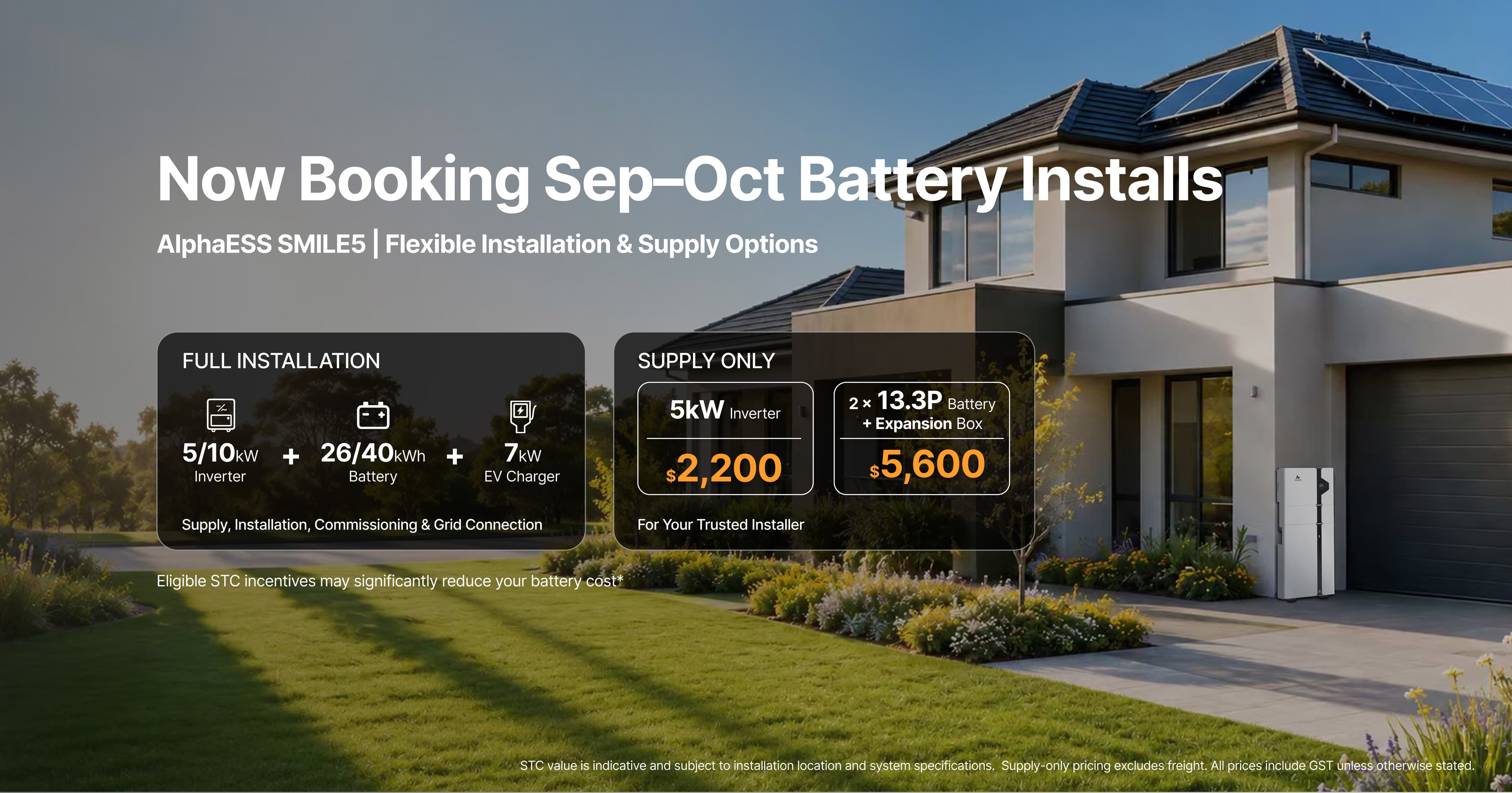 Now Booking Sep–Oct Battery Installs — AlphaESS SMILE5 with flexible installation and supply options