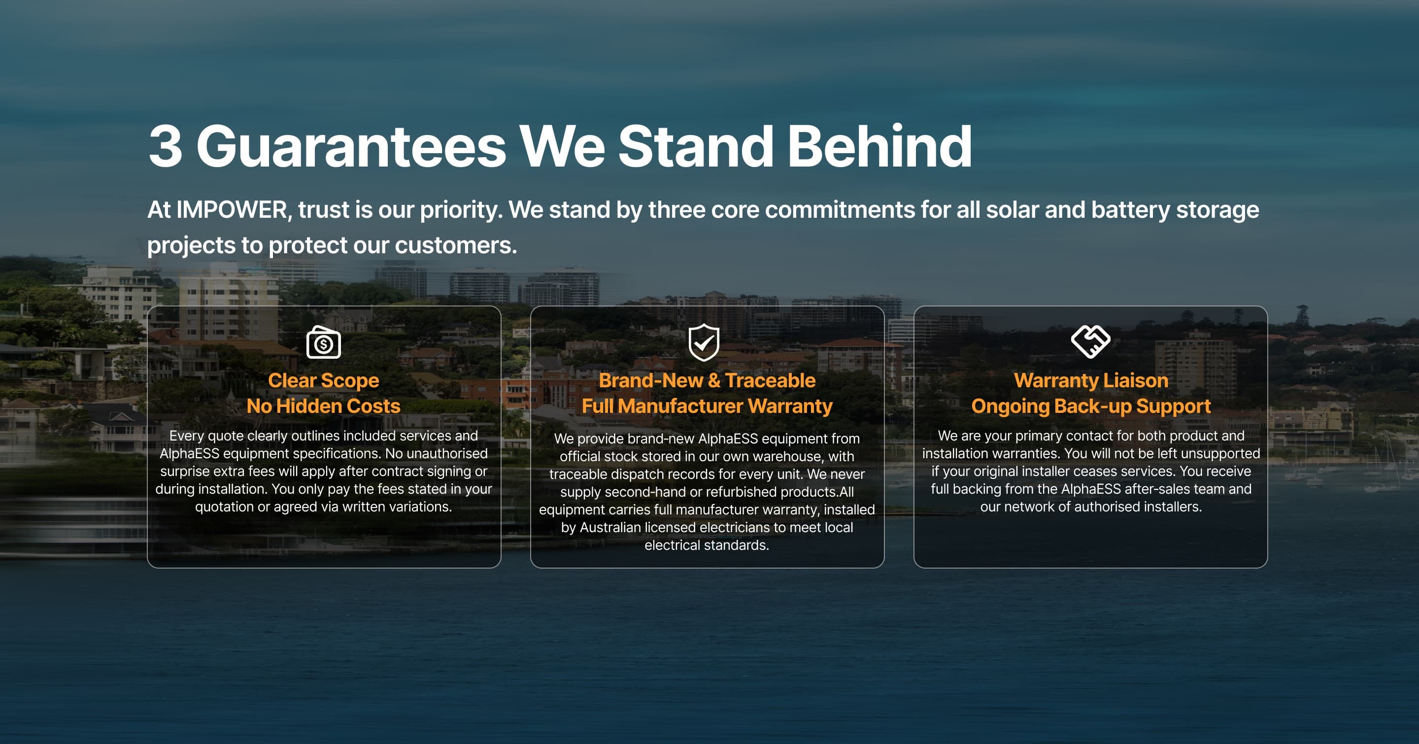 3 Guarantees We Stand Behind — clear scope with no hidden costs, brand-new AlphaESS equipment with full manufacturer warranty, and warranty liaison with ongoing back-up support